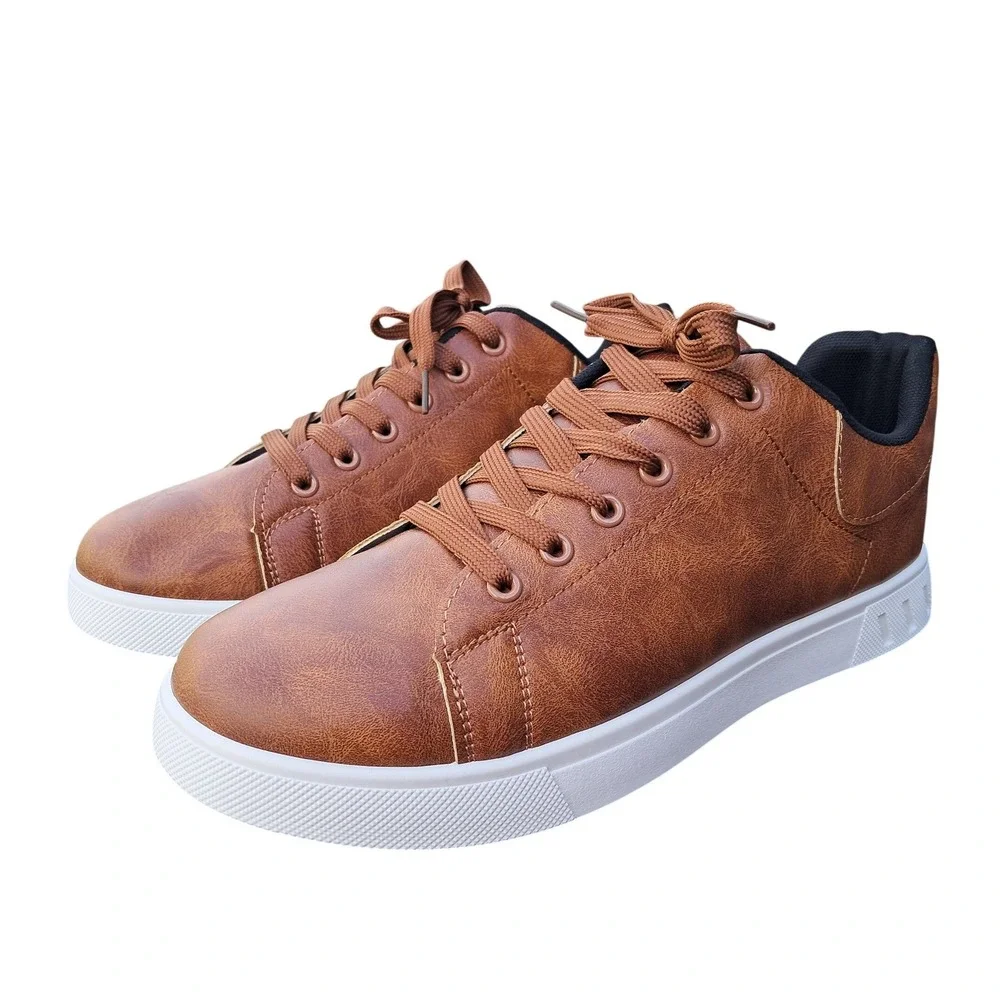Mañalun Mens‎ Brown Faux Leather Low Top Sneakers Lace Up Casual Shoes EU46